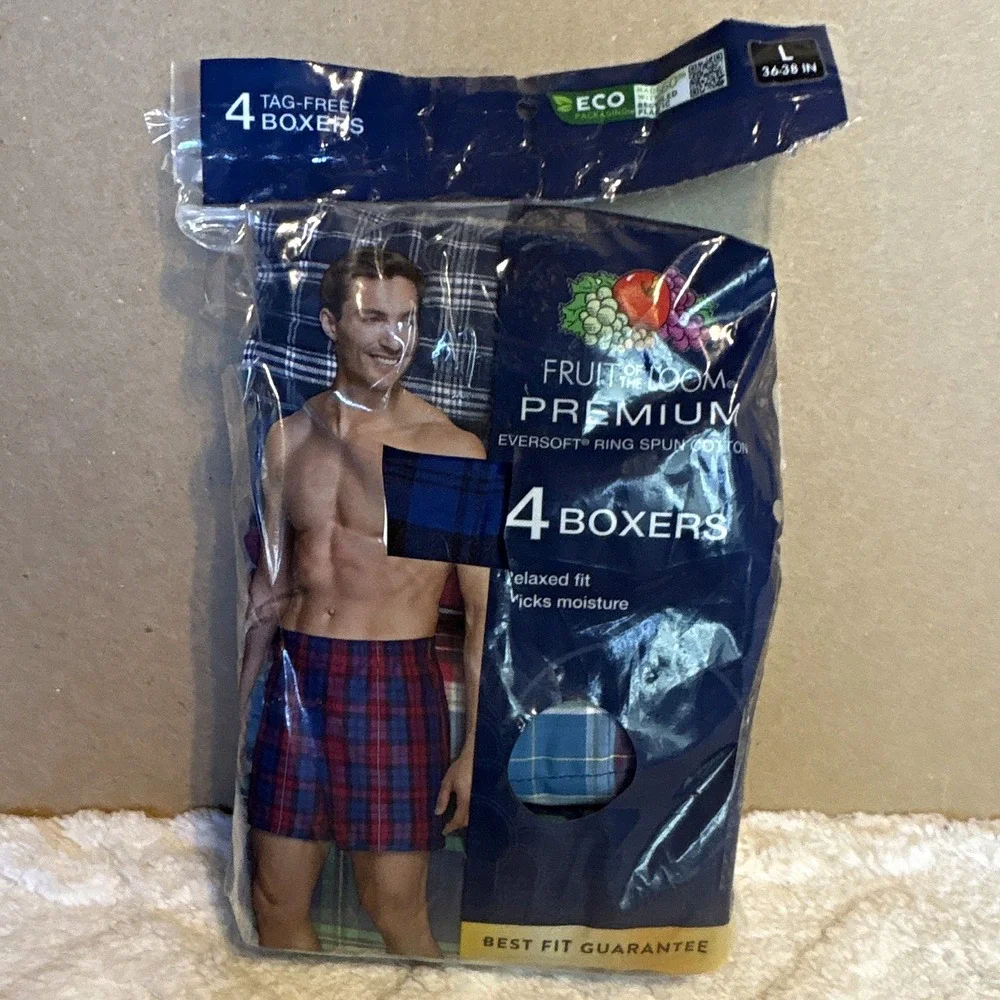 Fruit of the Loom Premium Eversoft 4-Pack Tagless Boxer Shorts L Plaid